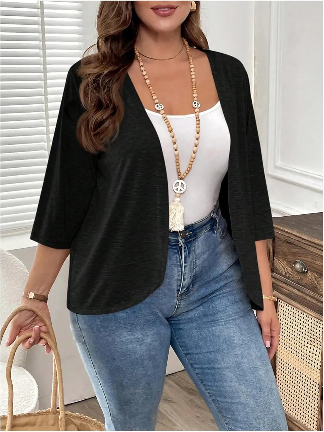SOLY HUX Women's Plus Size Open Front Cardigan Lightweight 3/4 Sleeve Casual Summer Cardigans