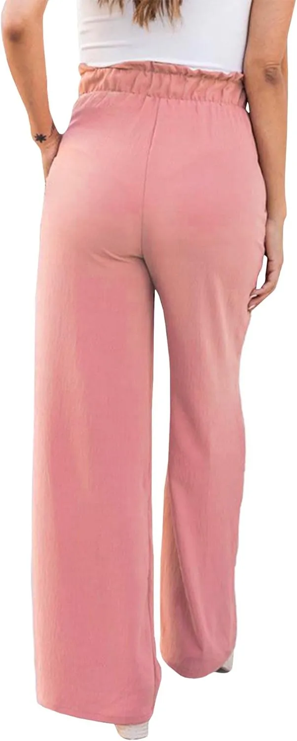 SOMTHRON Women's Paper Bag Belted Wide Leg Pants High Waist Casual Palazzo Flowy Beach Long Trousers