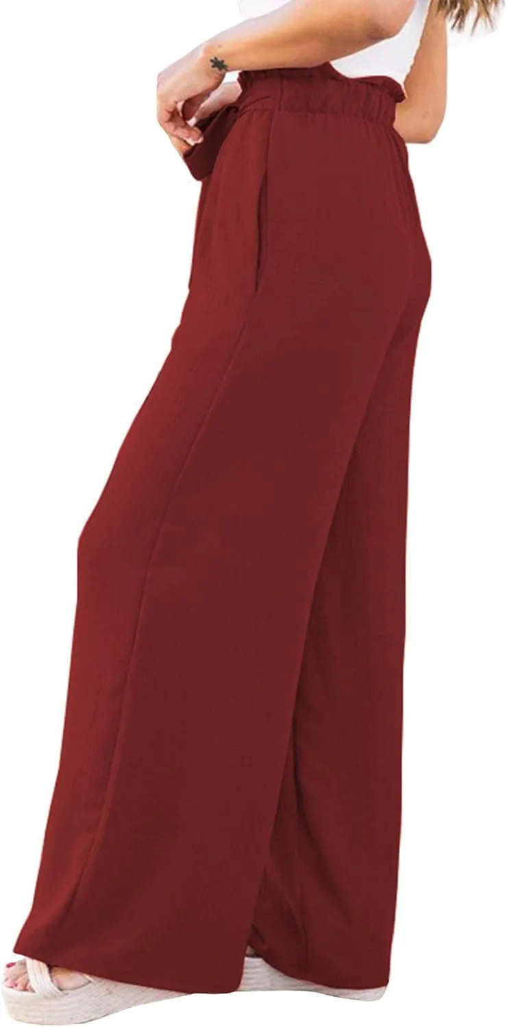 SOMTHRON Women's Paper Bag Belted Wide Leg Pants High Waist Casual Palazzo Flowy Beach Long Trousers