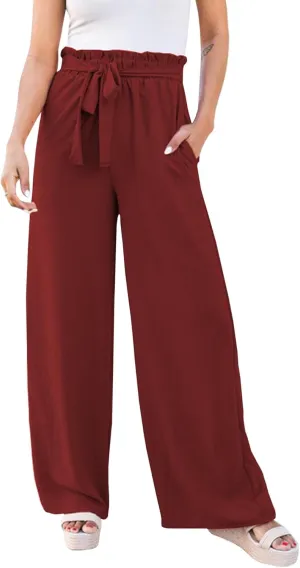 SOMTHRON Women's Paper Bag Belted Wide Leg Pants High Waist Casual Palazzo Flowy Beach Long Trousers