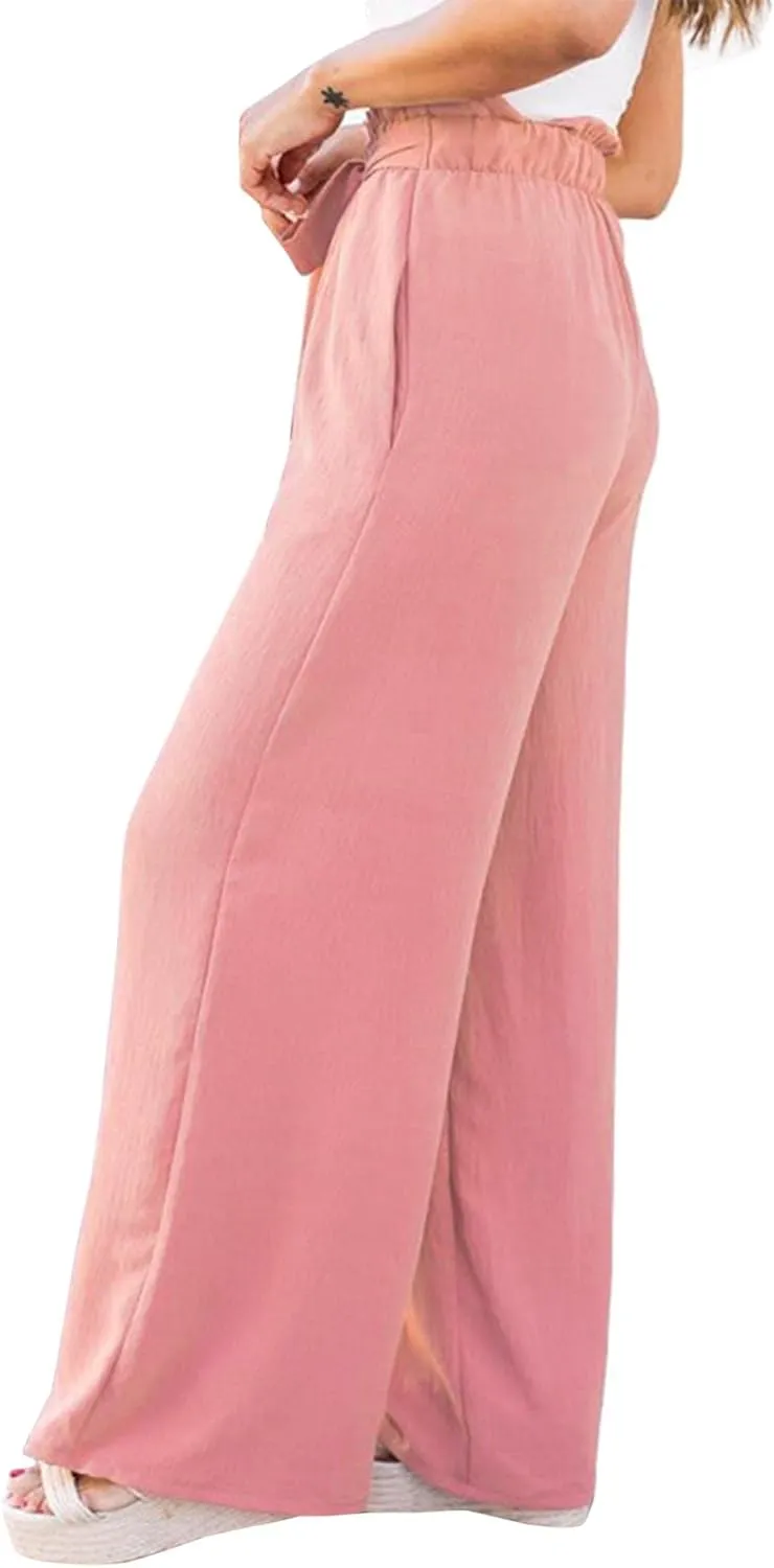SOMTHRON Women's Paper Bag Belted Wide Leg Pants High Waist Casual Palazzo Flowy Beach Long Trousers