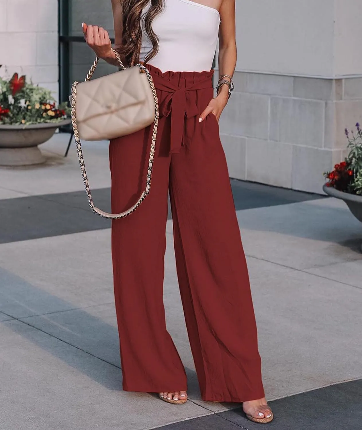 SOMTHRON Women's Paper Bag Belted Wide Leg Pants High Waist Casual Palazzo Flowy Beach Long Trousers