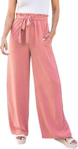 SOMTHRON Women's Paper Bag Belted Wide Leg Pants High Waist Casual Palazzo Flowy Beach Long Trousers