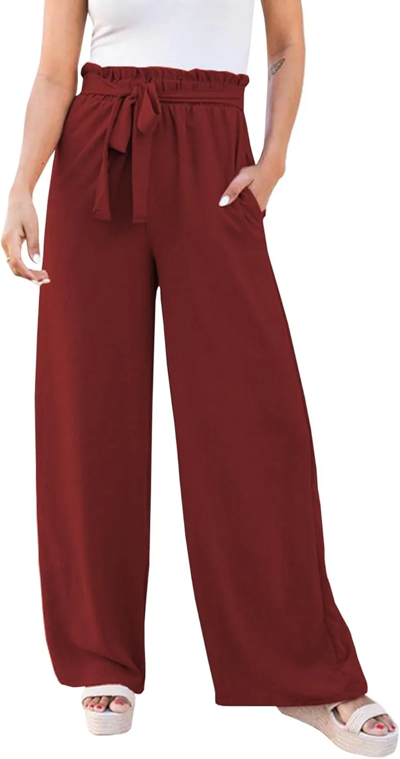SOMTHRON Women's Paper Bag Belted Wide Leg Pants High Waist Casual Palazzo Flowy Beach Long Trousers