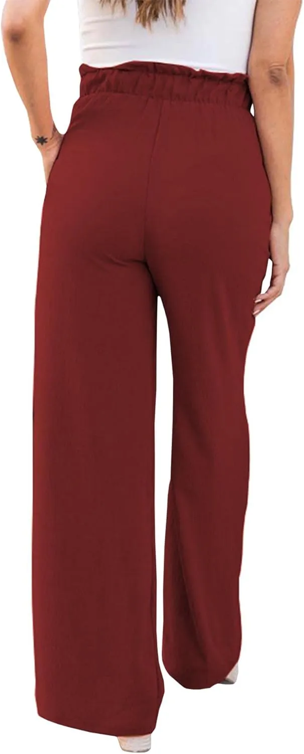 SOMTHRON Women's Paper Bag Belted Wide Leg Pants High Waist Casual Palazzo Flowy Beach Long Trousers