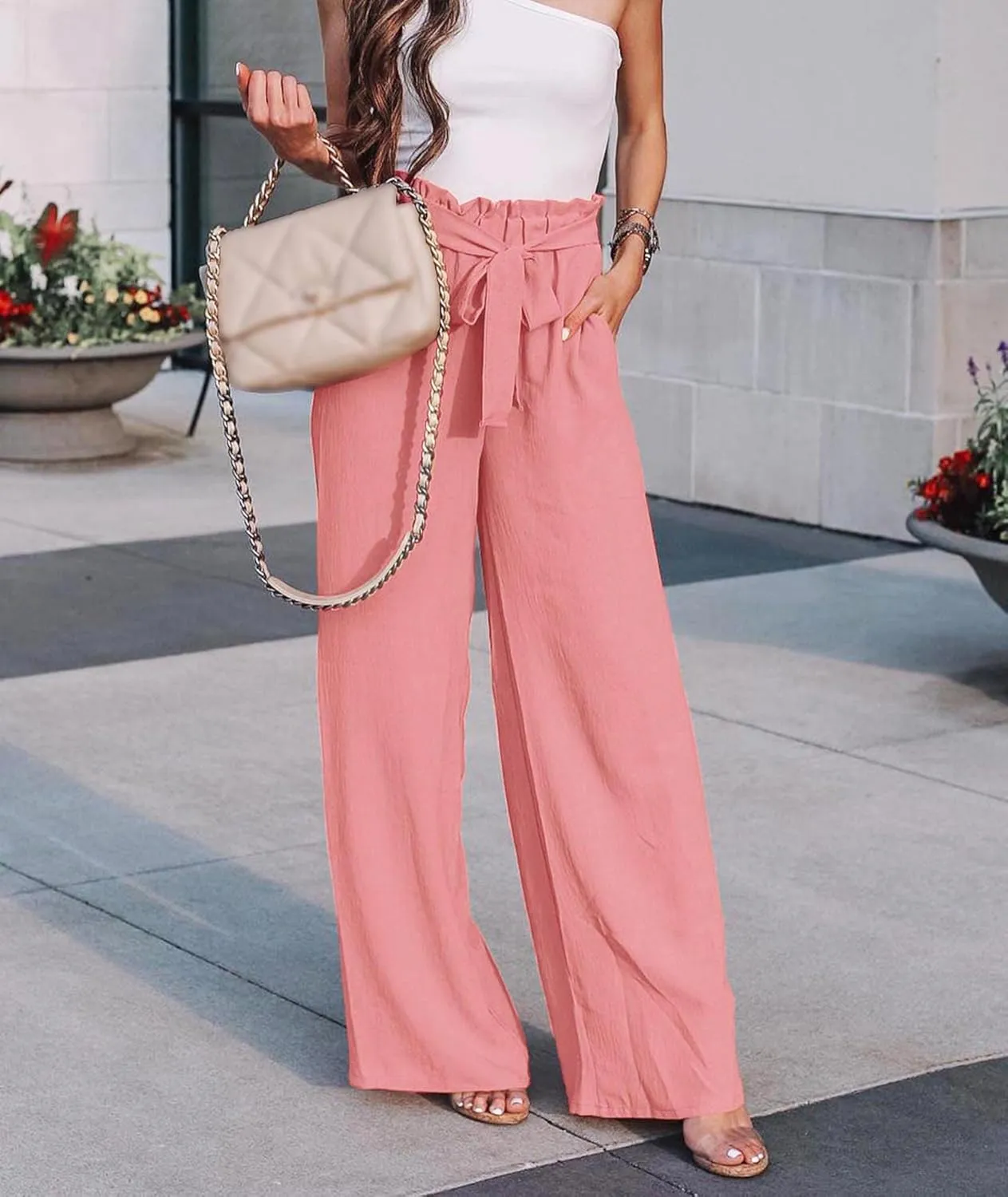 SOMTHRON Women's Paper Bag Belted Wide Leg Pants High Waist Casual Palazzo Flowy Beach Long Trousers