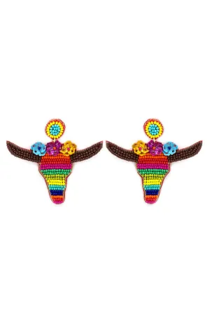 Southwest Blossom Serape Pattern Steer Head Dangle Earrings