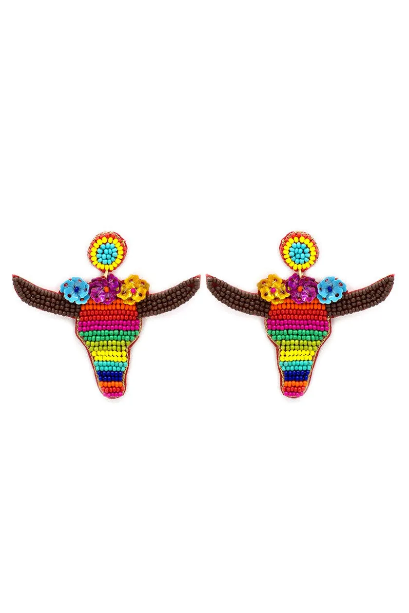 Southwest Blossom Serape Pattern Steer Head Dangle Earrings