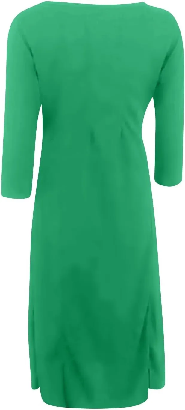 Spring Dresses for Women 2025 Round Neck 3/4 Sleeve A Line Dresses Business Casual Modest Midi Dresses with Pockets