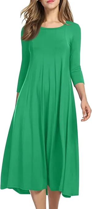Spring Dresses for Women 2025 Round Neck 3/4 Sleeve A Line Dresses Business Casual Modest Midi Dresses with Pockets