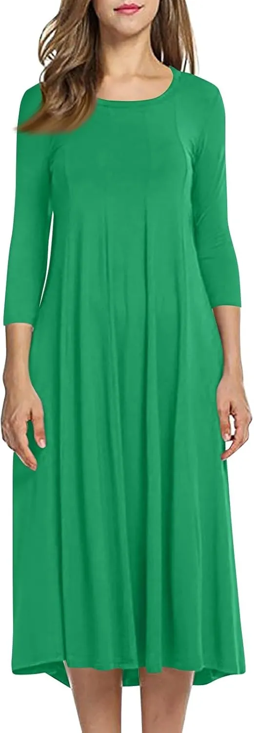 Spring Dresses for Women 2025 Round Neck 3/4 Sleeve A Line Dresses Business Casual Modest Midi Dresses with Pockets