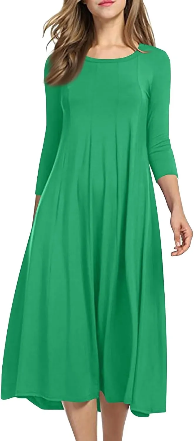 Spring Dresses for Women 2025 Round Neck 3/4 Sleeve A Line Dresses Business Casual Modest Midi Dresses with Pockets
