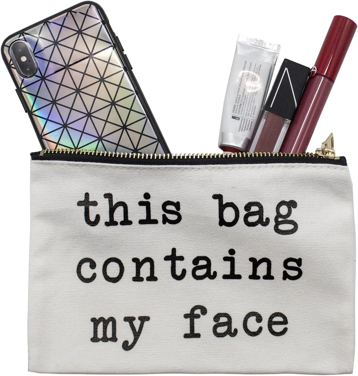 stylesilove Womens Girls 100% Cotton Canvas Stylish Print This Bag Contains My Face Travel Cosmetic Case Makeup Bag Black Multi-use Pouch with Bold Gold Zipper 5.5" W X 8" L (My Face)