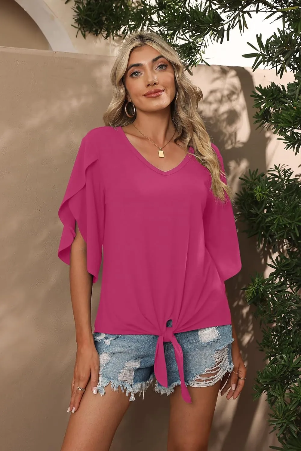 SUEANI Women's Tie Front Blouses V Neck 3/4 Split Sleeve Summer Knot Tops T Shirts