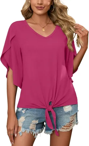 SUEANI Women's Tie Front Blouses V Neck 3/4 Split Sleeve Summer Knot Tops T Shirts