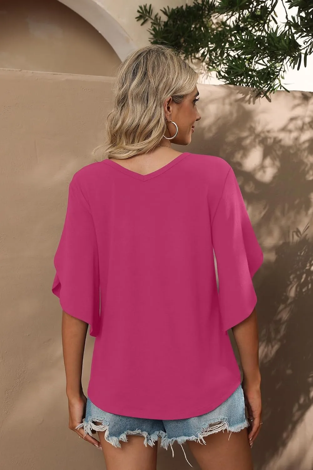 SUEANI Women's Tie Front Blouses V Neck 3/4 Split Sleeve Summer Knot Tops T Shirts
