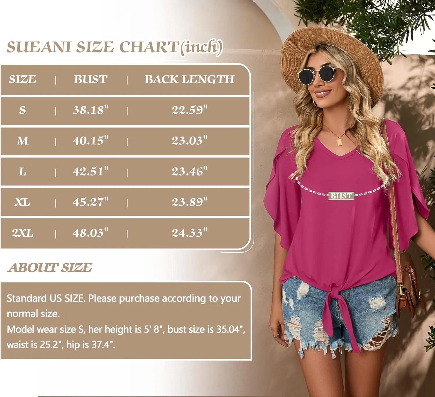 SUEANI Women's Tie Front Blouses V Neck 3/4 Split Sleeve Summer Knot Tops T Shirts