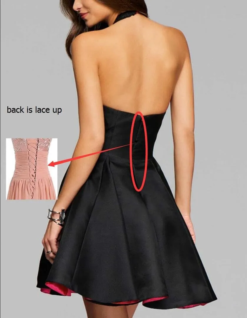 Sukleet Lace Appliques Short Homecoming Dress for Teens 2025 High Low Halter Satin Prom Dresses with Pockets