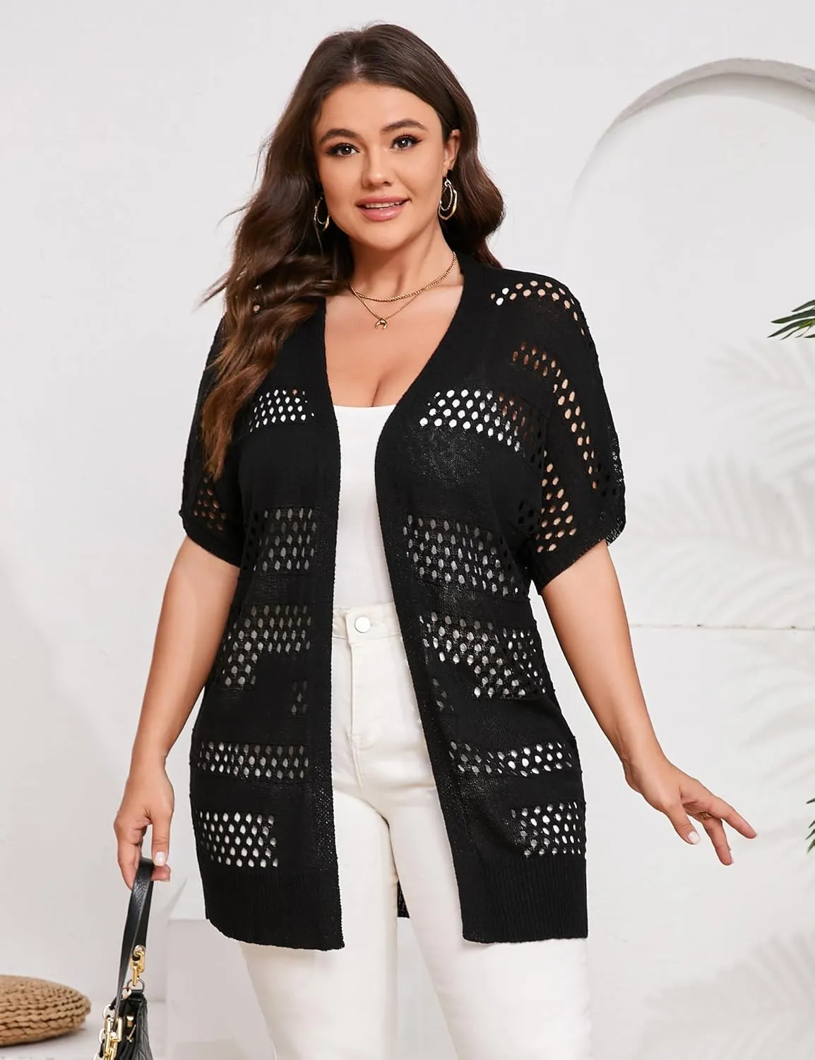 Summer Crochet Cardigan Plus Size Women Short Sleeve Open Front Knitted Cardigans Lightweight Cover Up for Beach