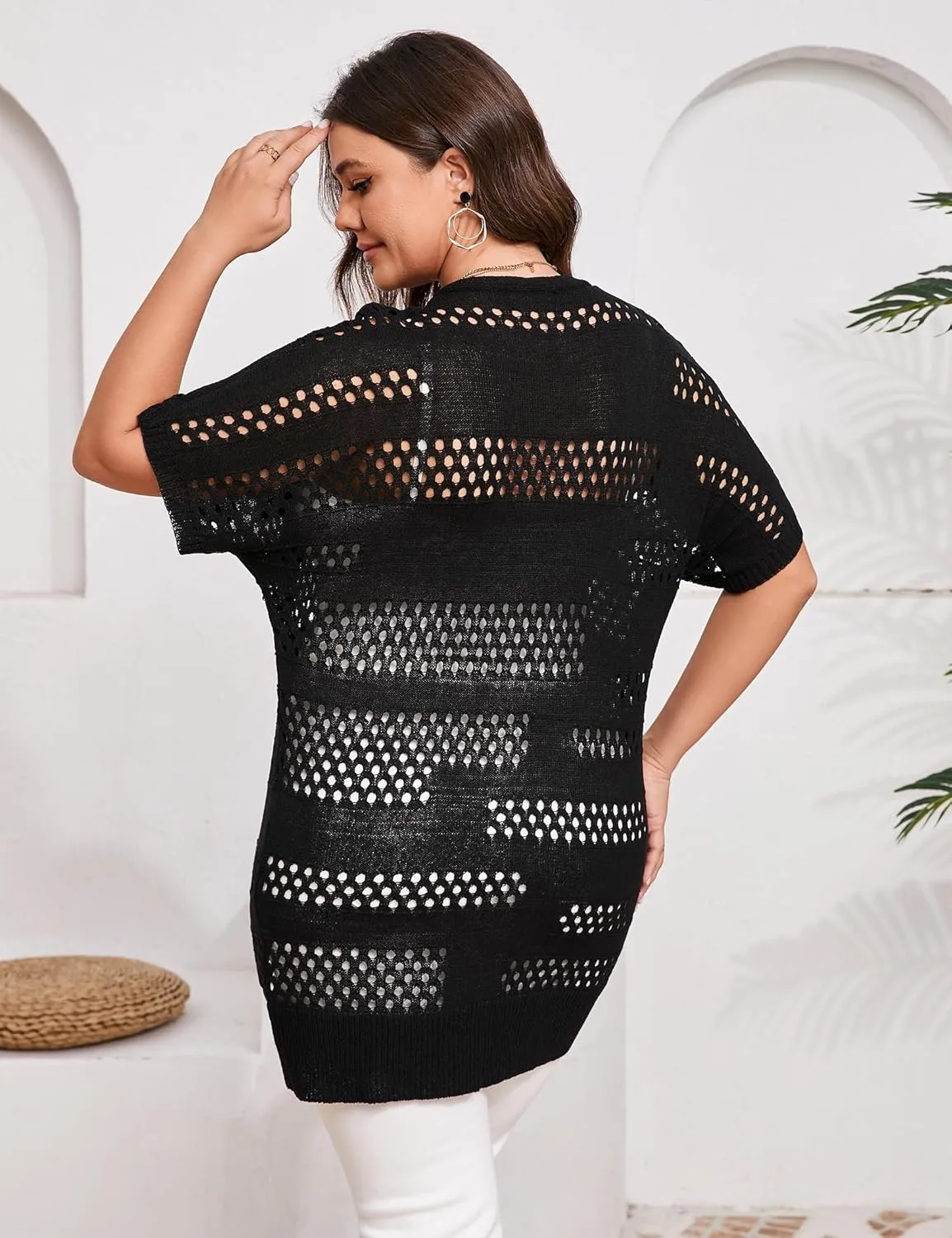 Summer Crochet Cardigan Plus Size Women Short Sleeve Open Front Knitted Cardigans Lightweight Cover Up for Beach