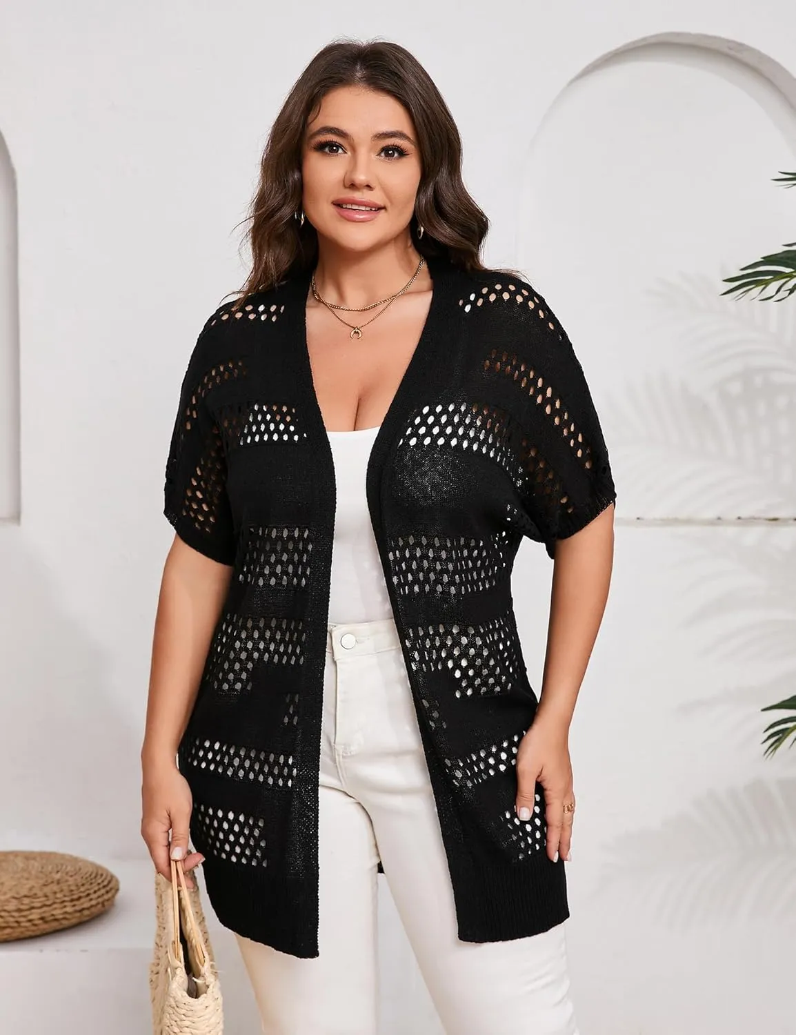Summer Crochet Cardigan Plus Size Women Short Sleeve Open Front Knitted Cardigans Lightweight Cover Up for Beach