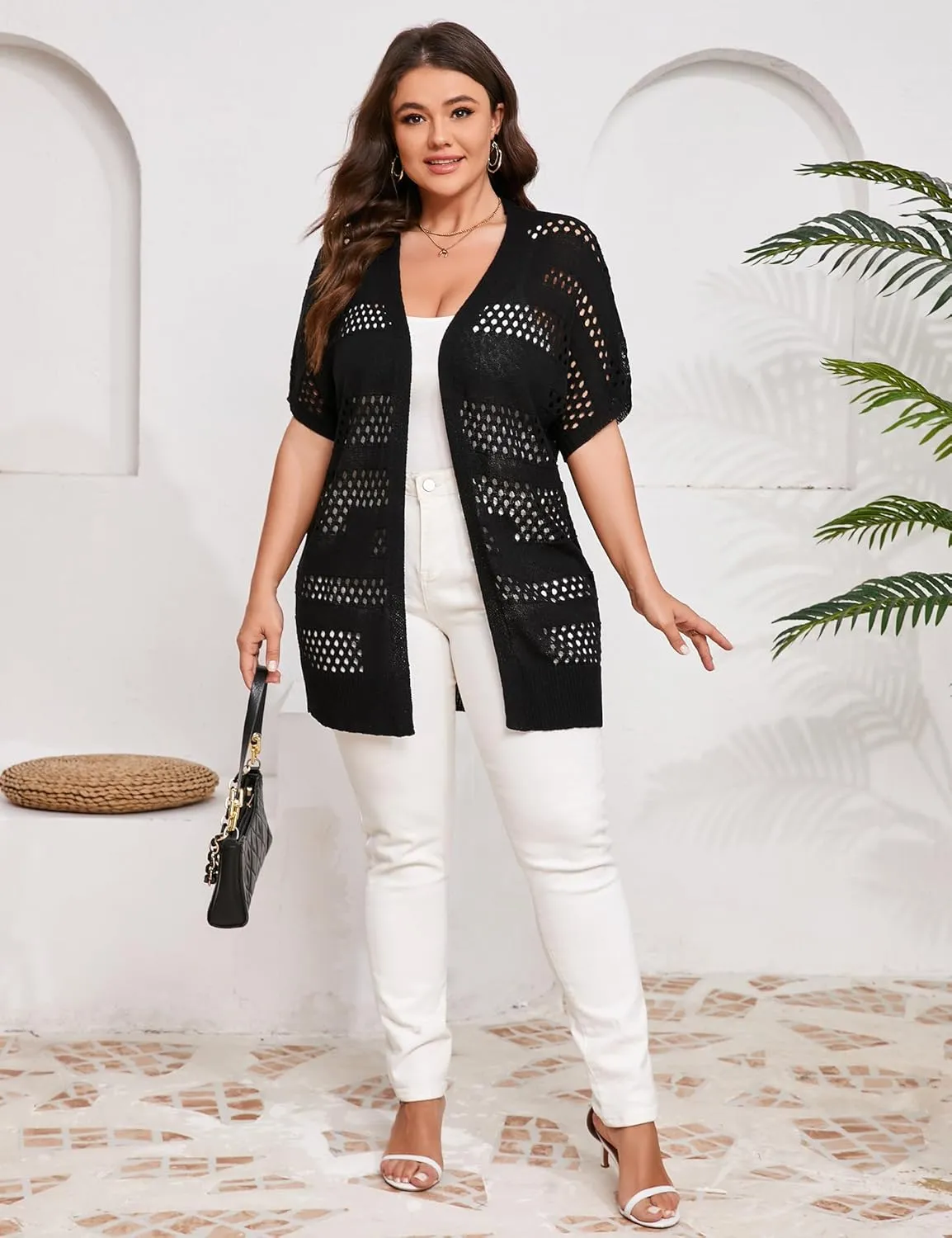 Summer Crochet Cardigan Plus Size Women Short Sleeve Open Front Knitted Cardigans Lightweight Cover Up for Beach