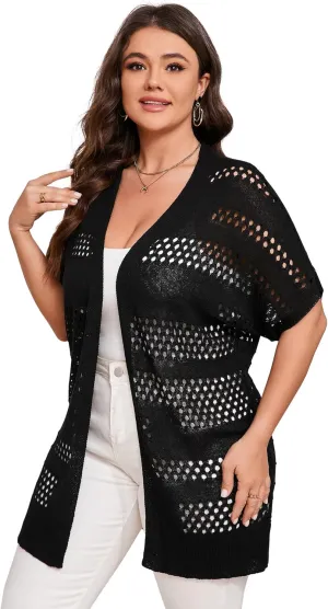 Summer Crochet Cardigan Plus Size Women Short Sleeve Open Front Knitted Cardigans Lightweight Cover Up for Beach