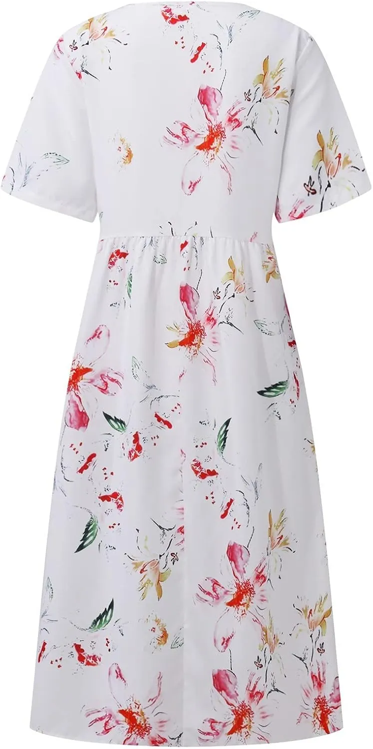 Summer Dresses for Women 2025 Beach Short Sleeve Loose Midi Dress with Pockets