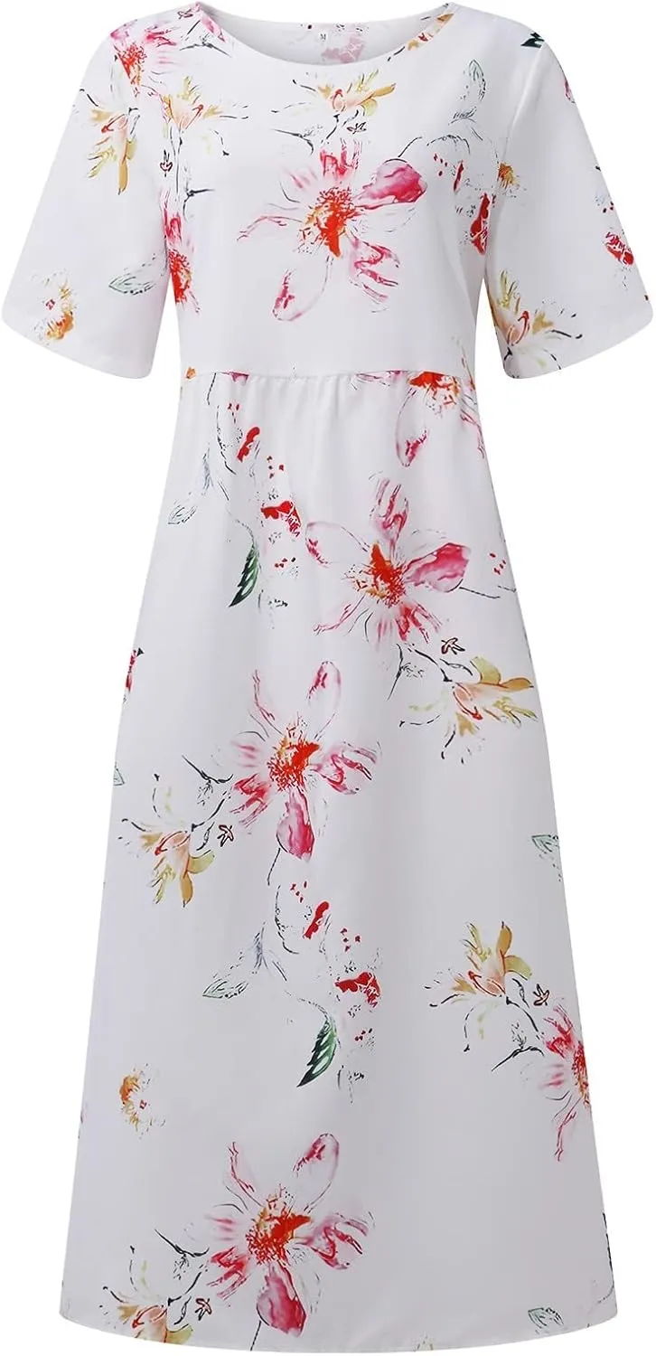 Summer Dresses for Women 2025 Beach Short Sleeve Loose Midi Dress with Pockets