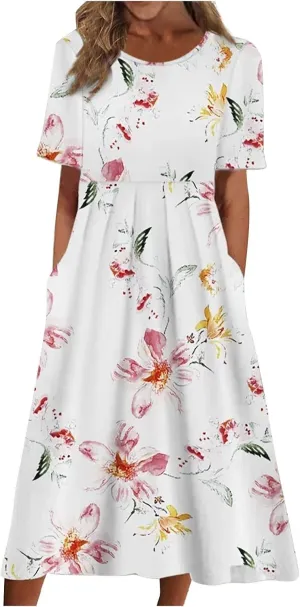 Summer Dresses for Women 2025 Beach Short Sleeve Loose Midi Dress with Pockets
