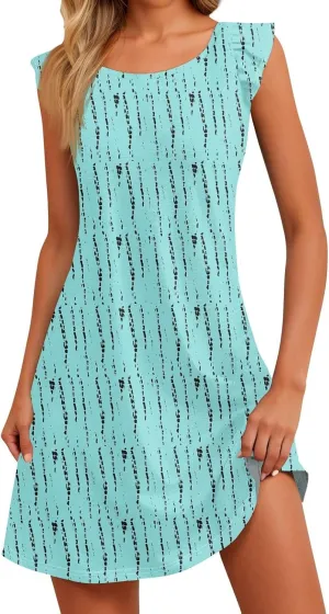 Summer Dresses for Women 2025 Boho Floral Print Solid Ruffle Sleeve Vacation Tank Sundress Crewneck T-Shirt Dress