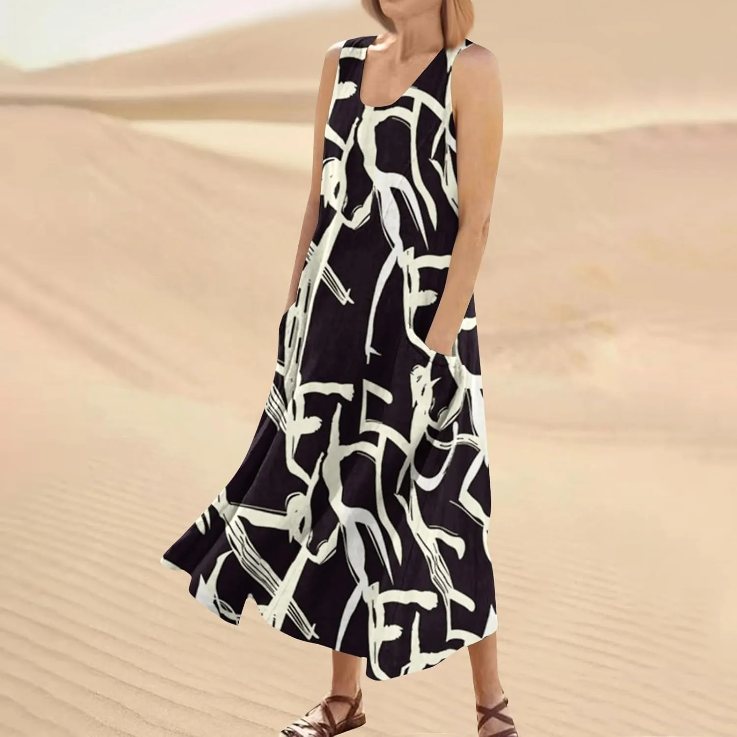 Summer Dresses for Women 2025 Casual Crew Neck Sleeveless Maxi Dress Loose Flowy Floral Beach Sundress with Pockets