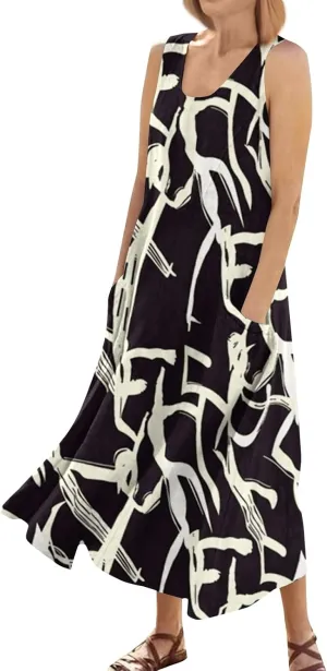 Summer Dresses for Women 2025 Casual Crew Neck Sleeveless Maxi Dress Loose Flowy Floral Beach Sundress with Pockets