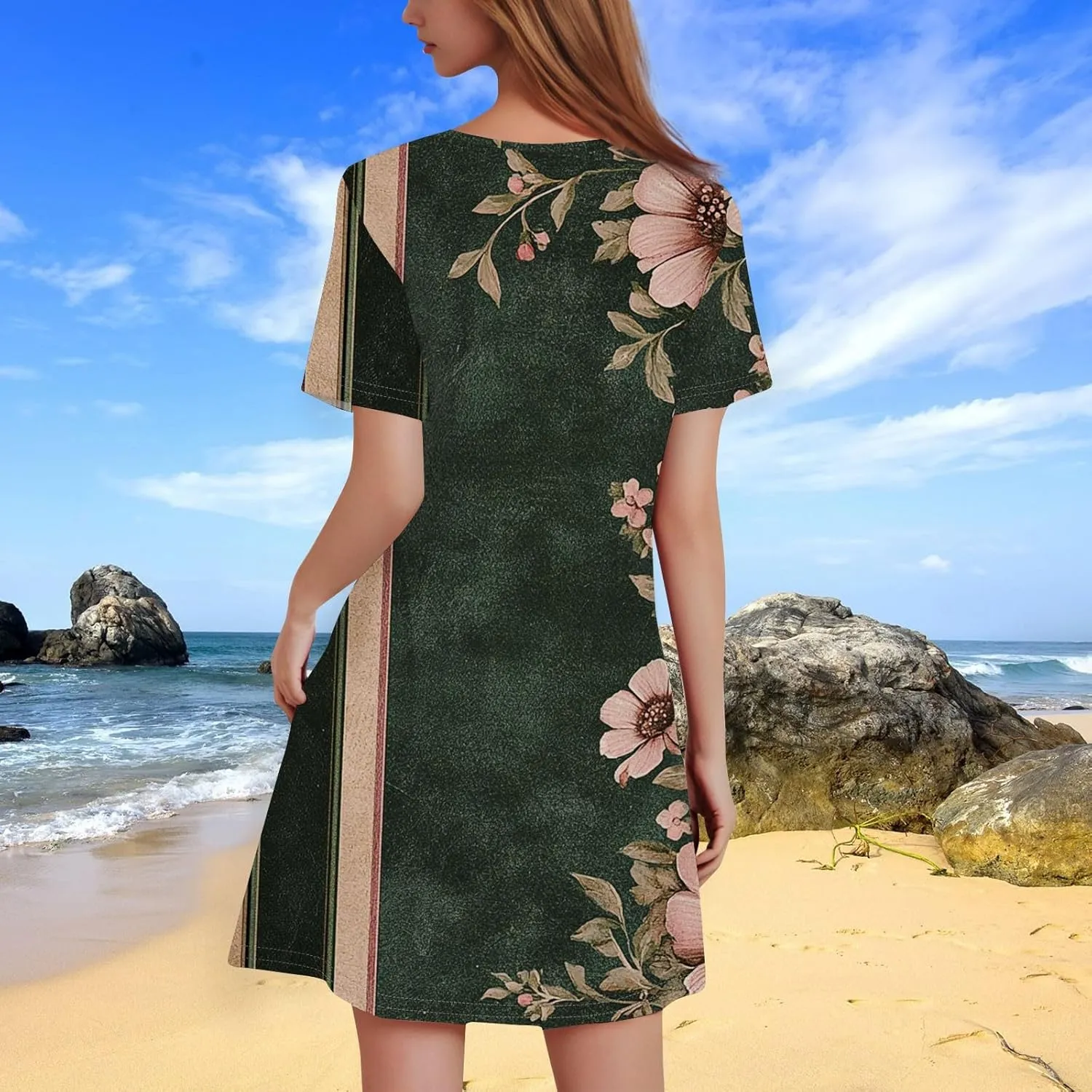 Summer Dresses for Women 2025 Floral A-Line Dresses Flowy Short Sleeve T Shirt Dress Casual Loose Beach Mini Dress