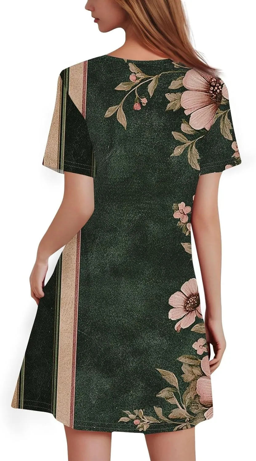 Summer Dresses for Women 2025 Floral A-Line Dresses Flowy Short Sleeve T Shirt Dress Casual Loose Beach Mini Dress