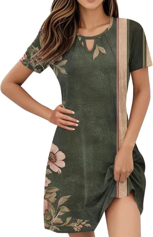 Summer Dresses for Women 2025 Floral A-Line Dresses Flowy Short Sleeve T Shirt Dress Casual Loose Beach Mini Dress