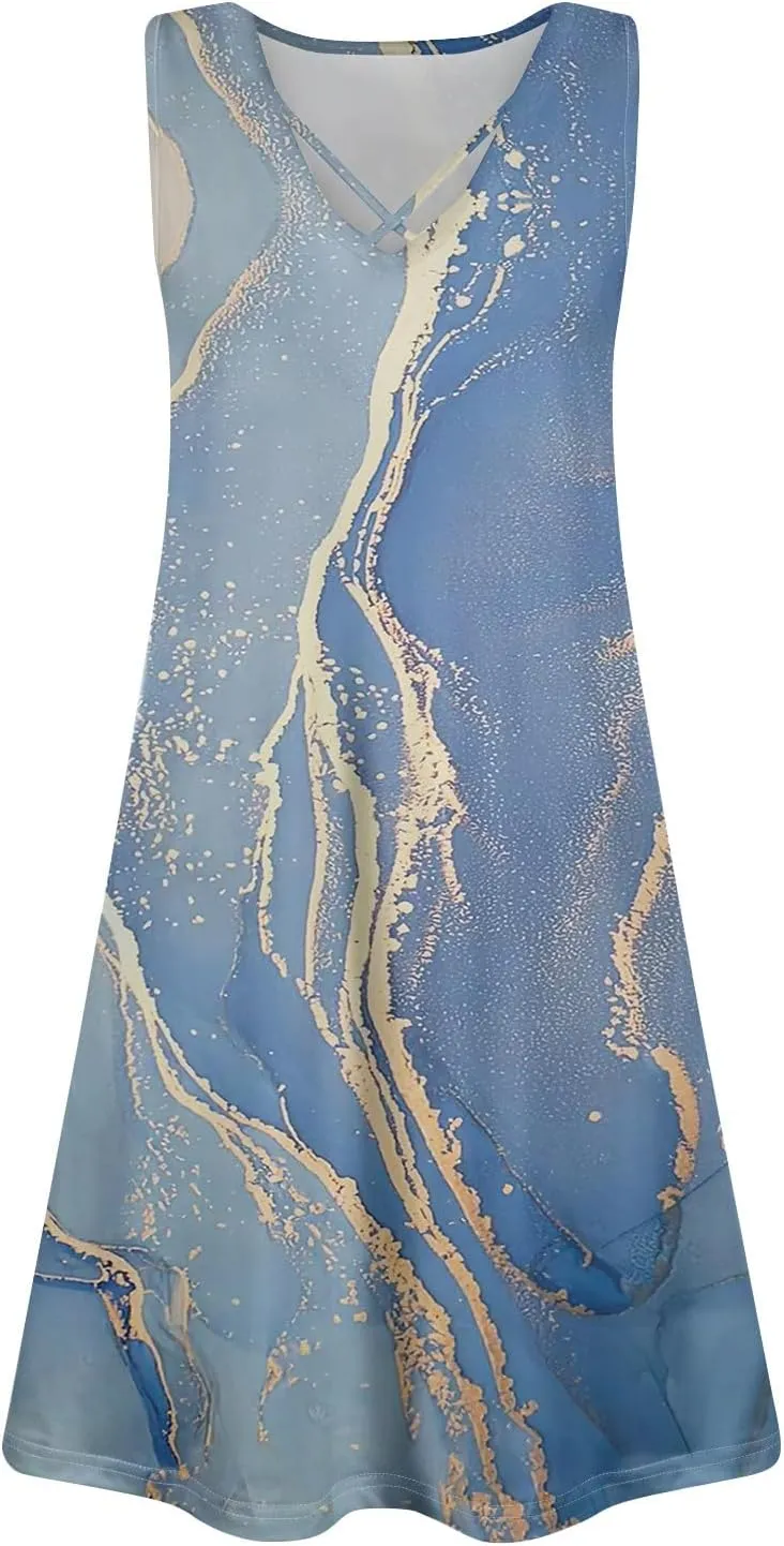 Summer Dresses for Women 2025 Floral Boho Beach Tank Dress V Neck Sleeveless T Shirt Dresses Loose Casual Sundresses