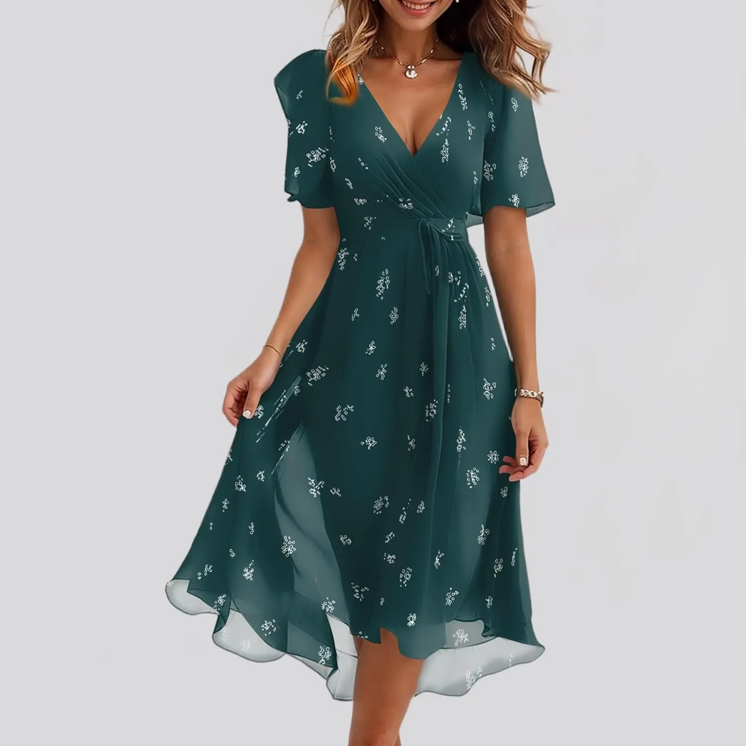 Summer Dresses for Women 2025 Floral Printed Chiffon V Neck Short Sleeve Midi Dress Casual Work A Line Dress
