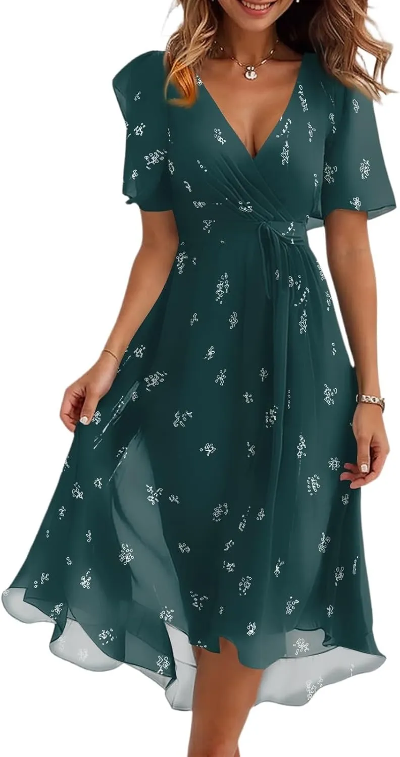Summer Dresses for Women 2025 Floral Printed Chiffon V Neck Short Sleeve Midi Dress Casual Work A Line Dress