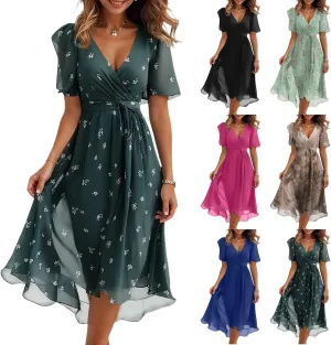 Summer Dresses for Women 2025 Floral Printed Chiffon V Neck Short Sleeve Midi Dress Casual Work A Line Dress