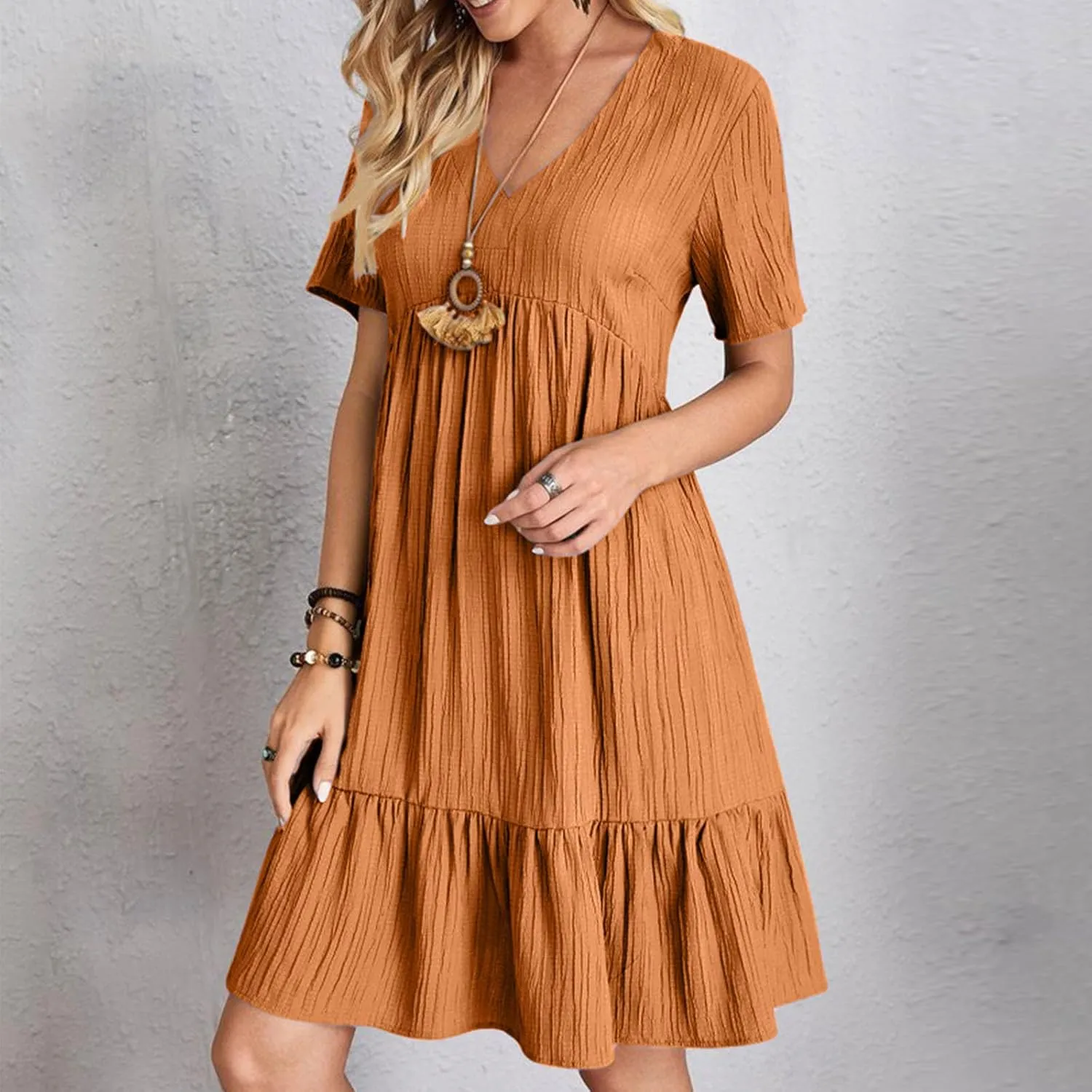 Summer Dresses for Women 2025 Short Sleeve V Neck Mini Tshirt Dress Pleated Ruffle Flowy Boho Beach Vacation Sundress