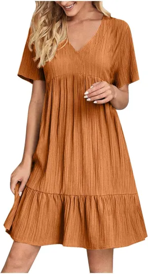 Summer Dresses for Women 2025 Short Sleeve V Neck Mini Tshirt Dress Pleated Ruffle Flowy Boho Beach Vacation Sundress