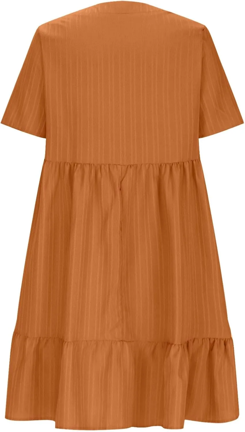 Summer Dresses for Women 2025 Short Sleeve V Neck Mini Tshirt Dress Pleated Ruffle Flowy Boho Beach Vacation Sundress