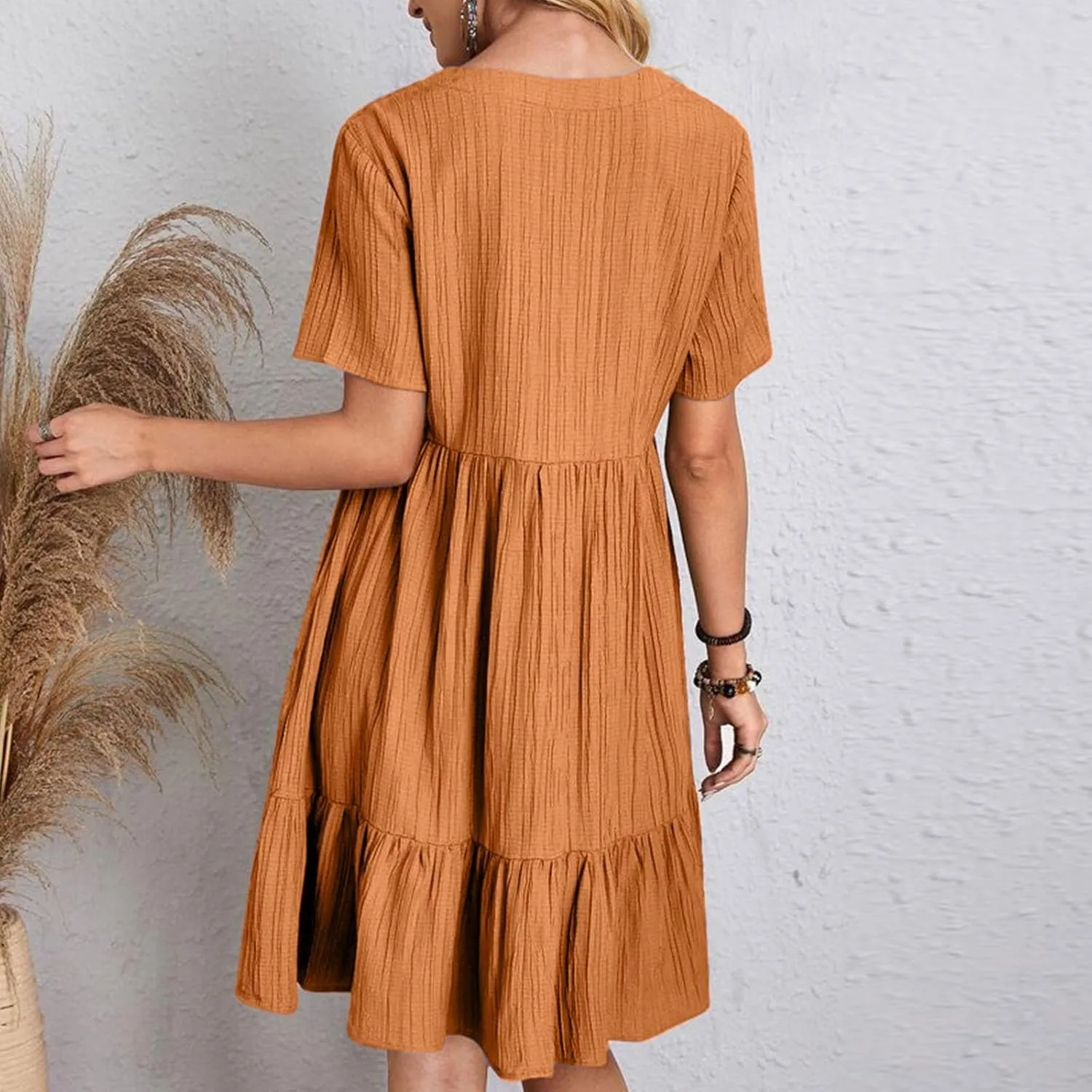 Summer Dresses for Women 2025 Short Sleeve V Neck Mini Tshirt Dress Pleated Ruffle Flowy Boho Beach Vacation Sundress
