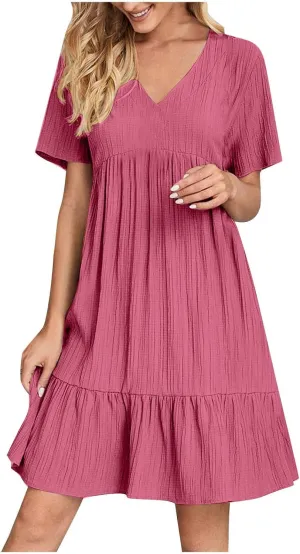 Summer Dresses for Women 2025 Short Sleeve v Neck T Shirt Mini Dress Pleated Ruffle Flowy Beach Vacation Sundresses