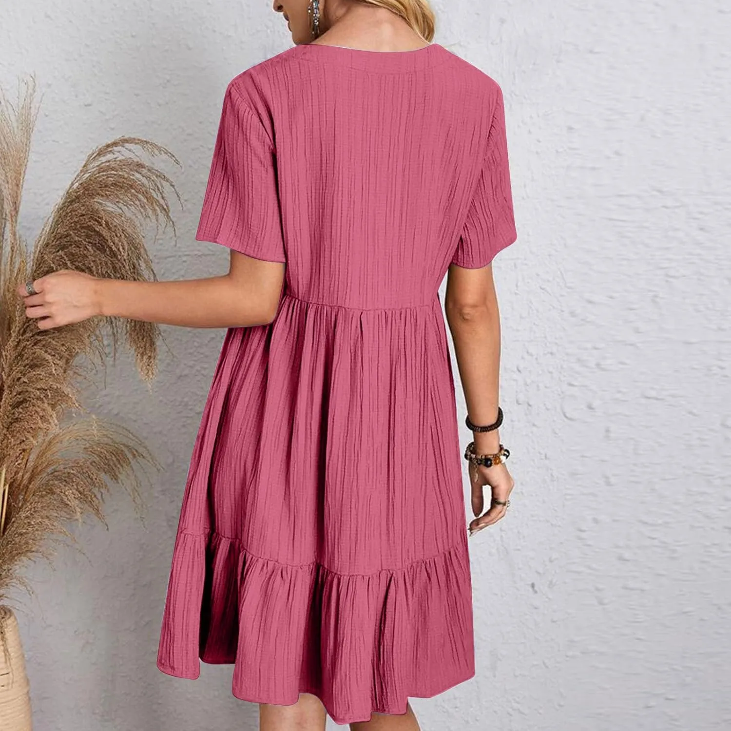 Summer Dresses for Women 2025 Short Sleeve v Neck T Shirt Mini Dress Pleated Ruffle Flowy Beach Vacation Sundresses