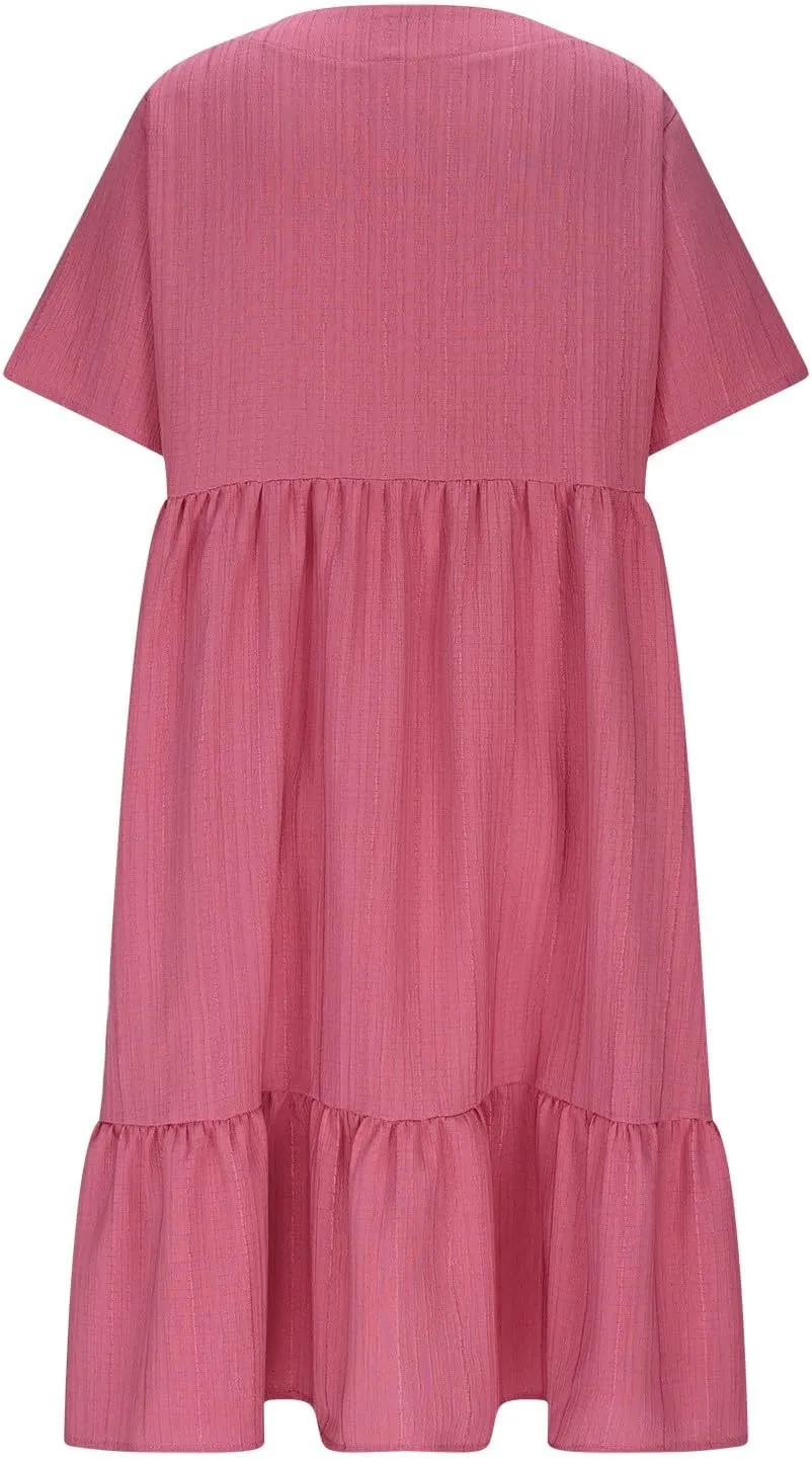 Summer Dresses for Women 2025 Short Sleeve v Neck T Shirt Mini Dress Pleated Ruffle Flowy Beach Vacation Sundresses