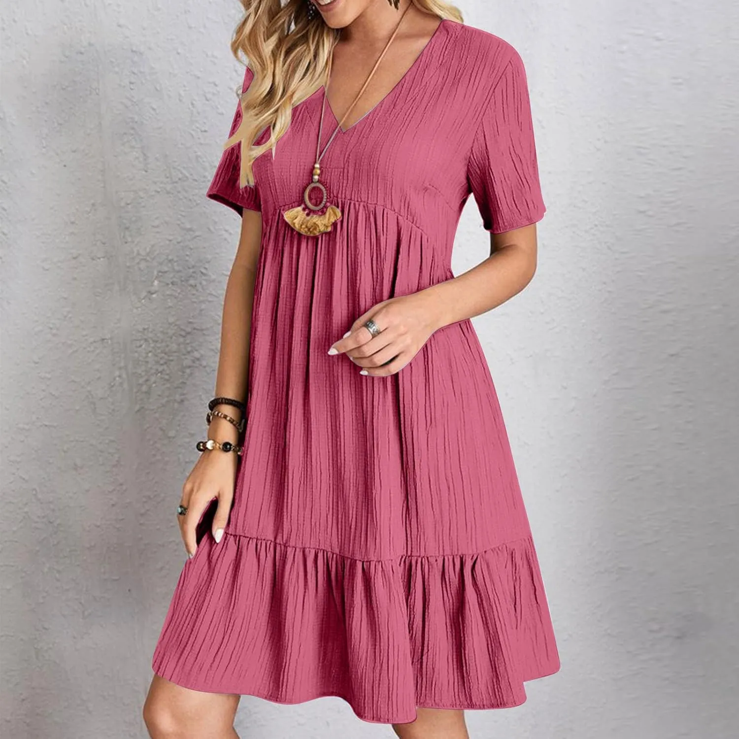 Summer Dresses for Women 2025 Short Sleeve v Neck T Shirt Mini Dress Pleated Ruffle Flowy Beach Vacation Sundresses