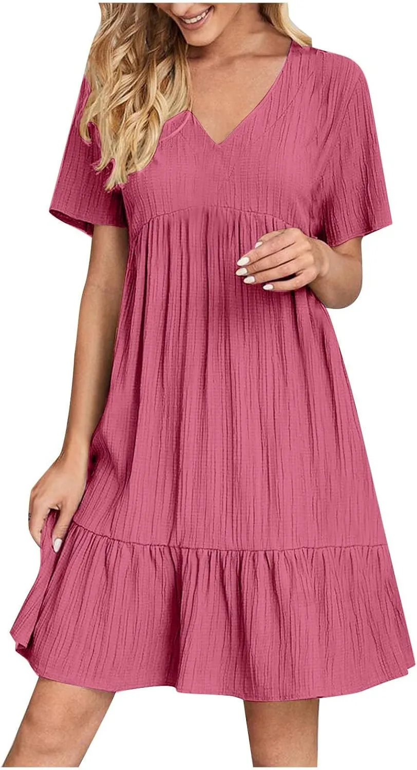 Summer Dresses for Women 2025 Short Sleeve v Neck T Shirt Mini Dress Pleated Ruffle Flowy Beach Vacation Sundresses