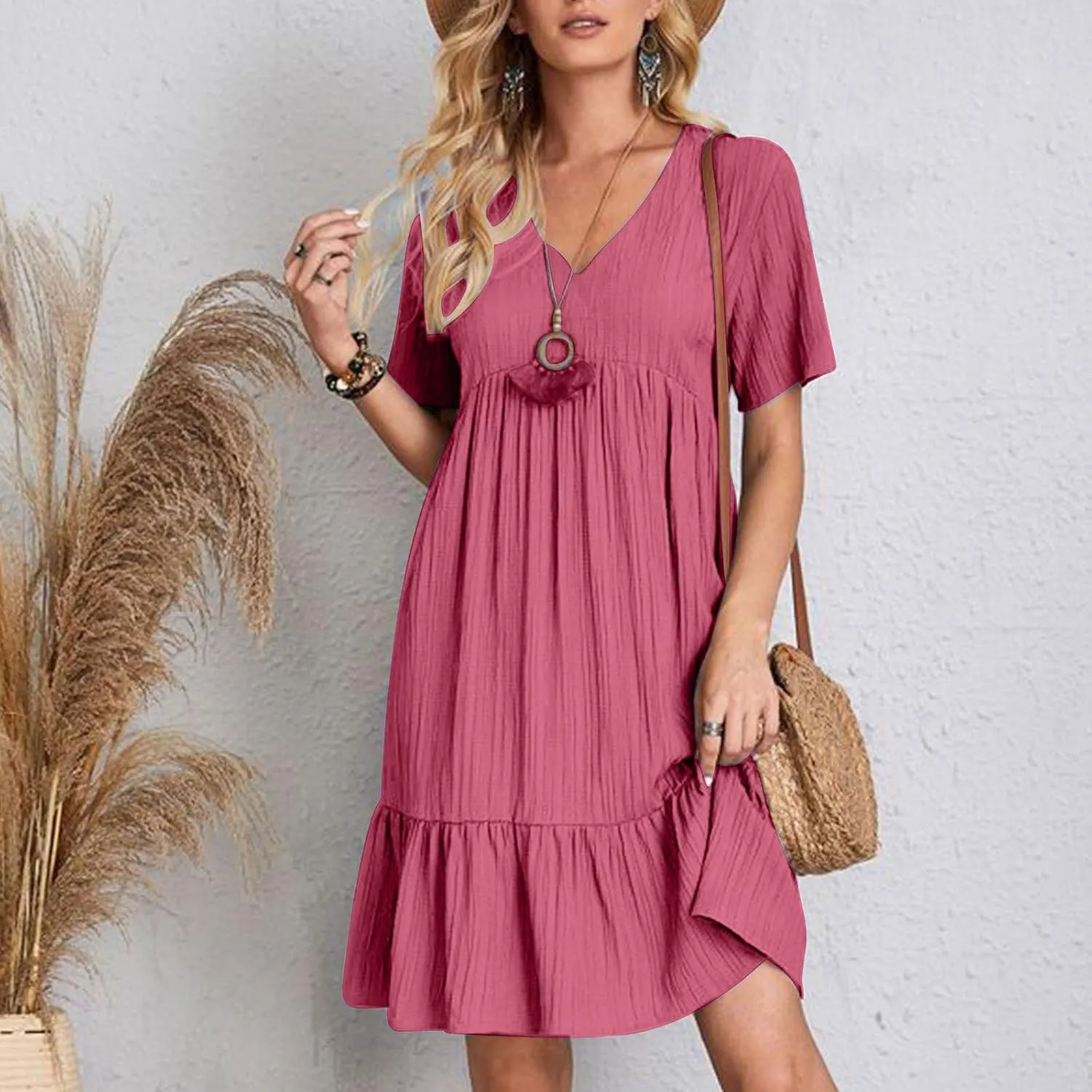 Summer Dresses for Women 2025 Short Sleeve v Neck T Shirt Mini Dress Pleated Ruffle Flowy Beach Vacation Sundresses